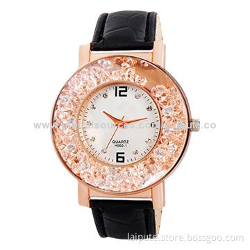 Wholesale Women's Rolling Bead Decorated Round Analog Watch, Faux PU Leather Strap, Black